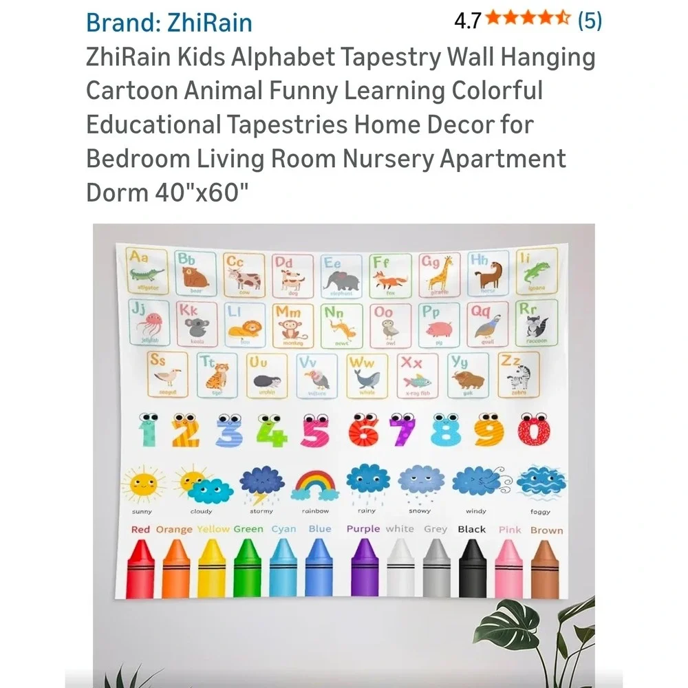 ZhiRain Kids Alphabet Tapestry Wall Hanging Educational Animals Numbers 40x60